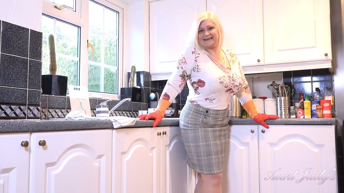 AuntJudys Lacey Strips and Masturbates For You In The Kitchen
