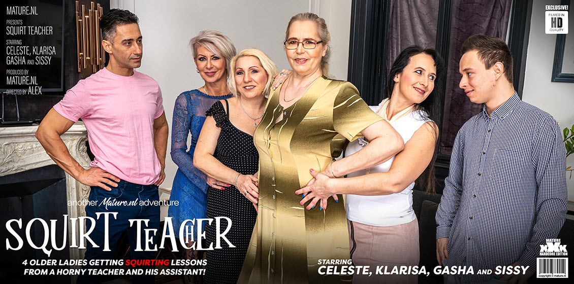 Mature.nl Celeste (53), Gasha (46), Klarisa (46), Mugur (43), Nikki Nuttz (25) & Sissy (43) - four older ladies get teached how to squirt and then some!