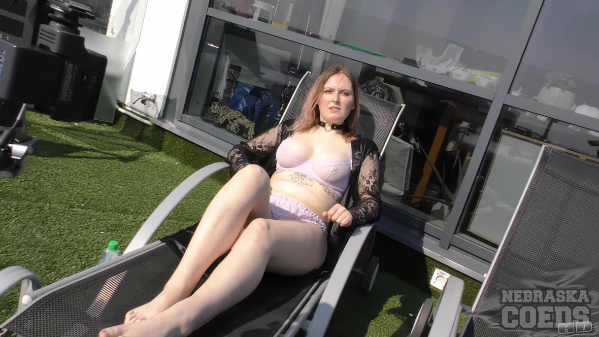 NebraskaCoeds Diana - Rooftop Naked Sunbathing Diana Oils Her Big Tits And Masturbates With Hitachi