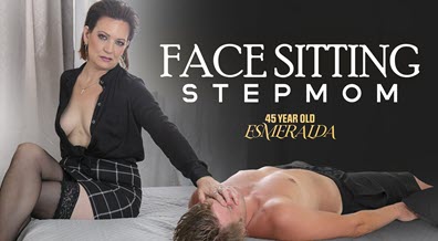 Skinny milf Esmeralda parks her shaved pussy on her stepsons face!